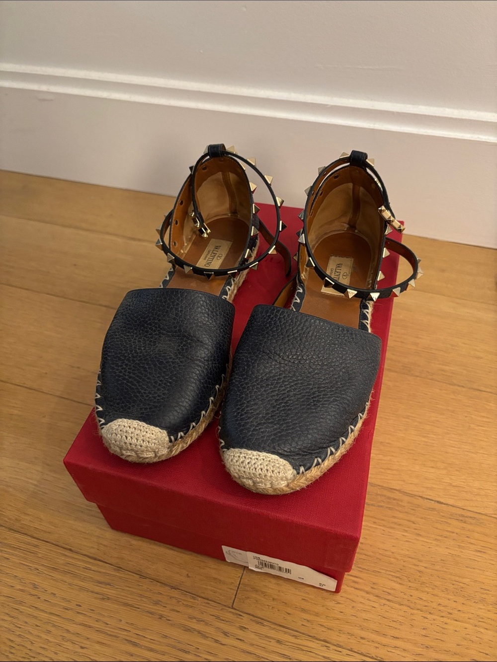 Valentino Garavani Black Leather Espadrilles with Gold Rockstud Anklet Wrap